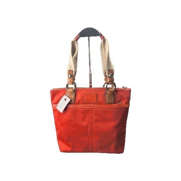 Coach Hampton Red Hobo Bag Canvas & Leather Purse Tote Shouldberbag - Picture 1 of 14